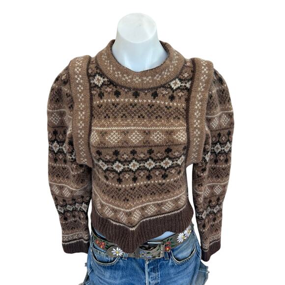 SEA New York Brown Fair Isle Sweater MEDIUM Wool Cottage Puff Sleeves Retro $400 - Picture 7 of 10